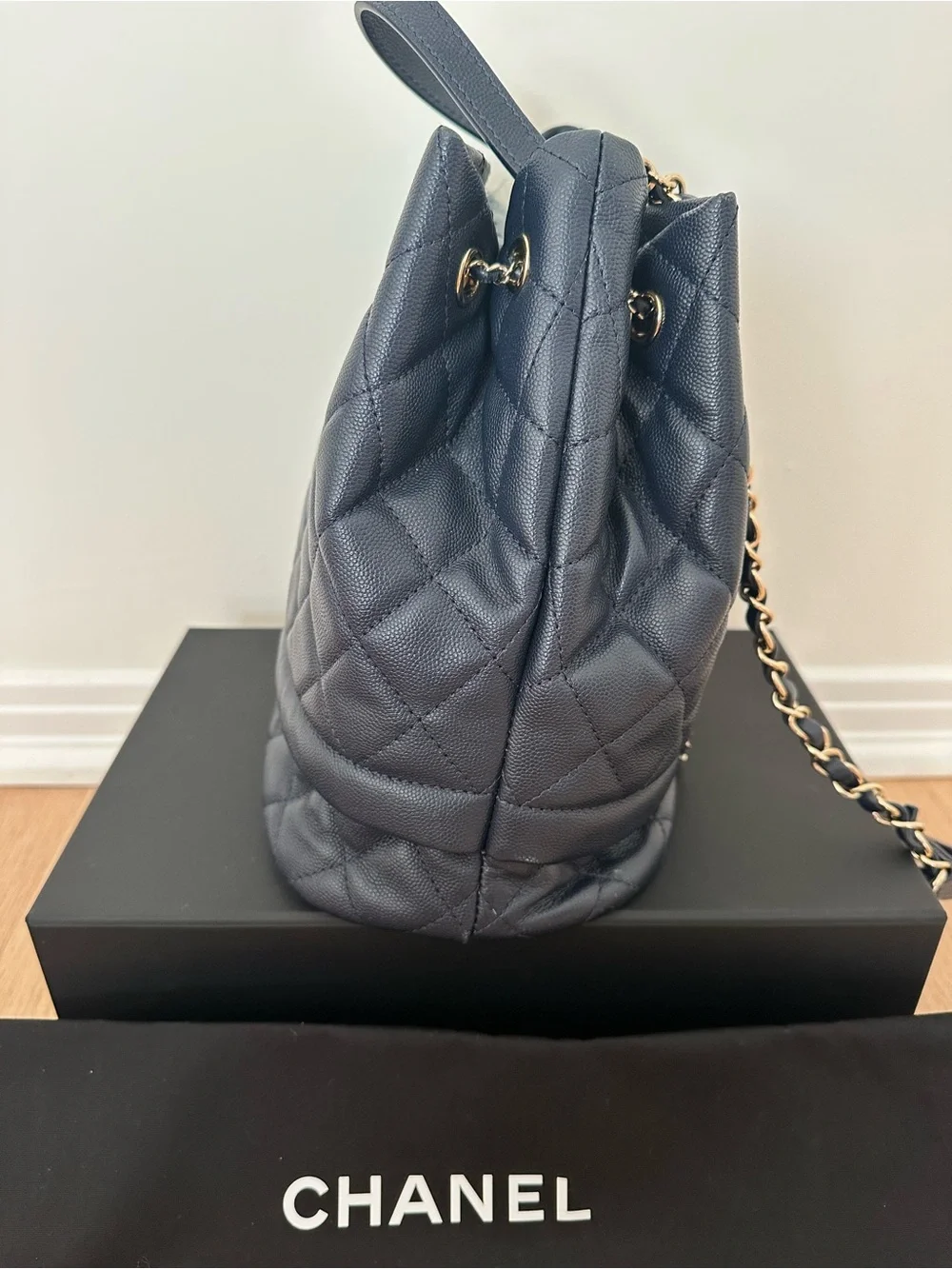 Chanel Navy Quilted Caviar Drawstring Bucket Bag- Gold Hardware/2019